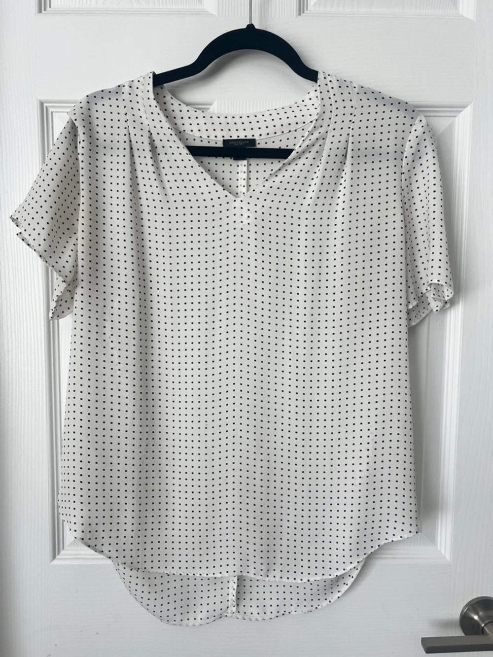 Ann Taylor white Blouse with Black Micro Dot Print